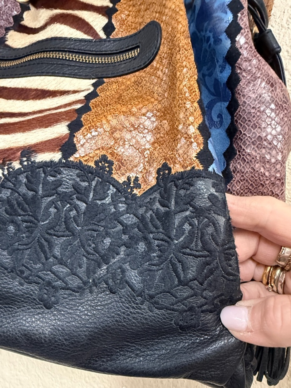 Isabella Fiore Vintage Leather and Patchwork Embroidered Handbag Purse - Picture 10 of 16
